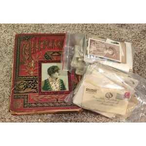 Antique Art Deco 20s 30s Scrapbook Album Personal Letters Trade Cards Women Lot